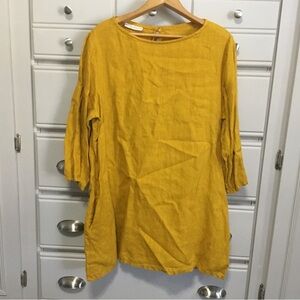 Bryn Walker Marigold Mustard Yellow Linen Lagenlook Shift Dress Pockets M
